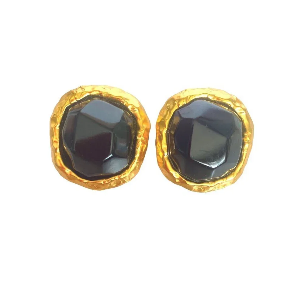 Anne Klein Couture rare 1980s vintage rustic cabochon & frame dark blue earrings